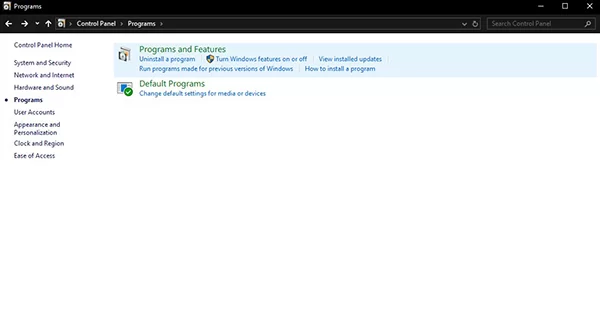 Chọn Programs and Features