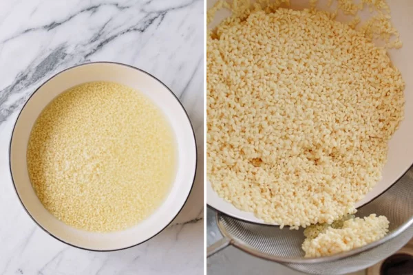 Gạo sau khi ngâm xong, rửa sạch