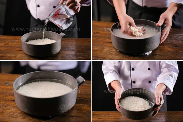 Ngâm gạo nếp cho nở mềm trước khi gói bánh