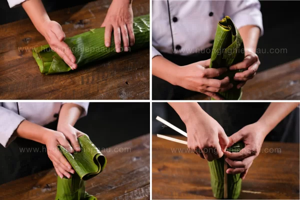 Thao tác cuộn, gấp lá chuối phải chắc tay