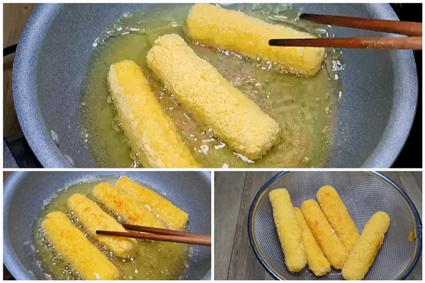 Chiên phô mai que trên lửa vừa