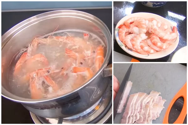 Luộc chín tôm và thịt heo