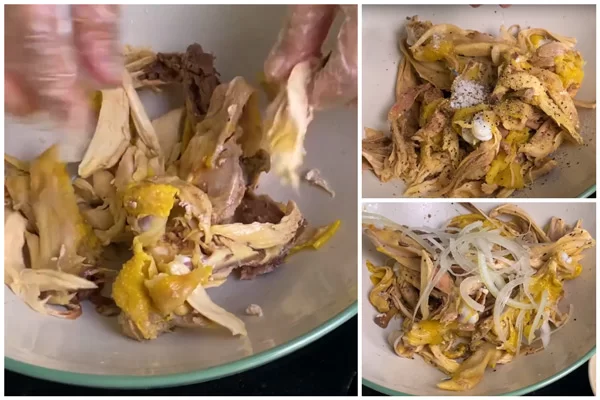 Trộn gà với hành tây và gia vị