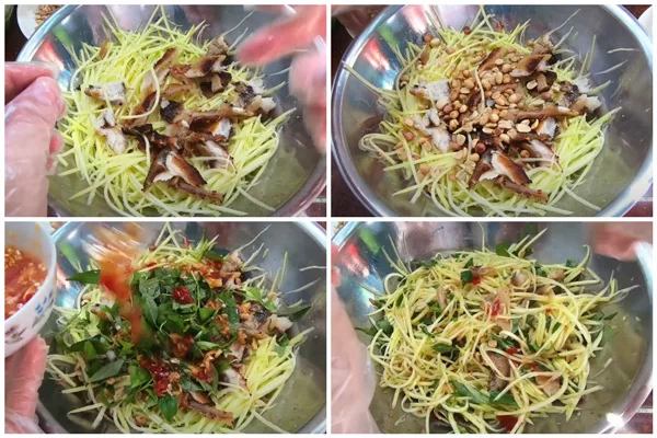 Trộn gỏi xoài đều tay để thấm đều gia vị