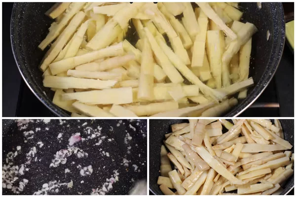 Luộc và xào măng trước khi nấu lẩu