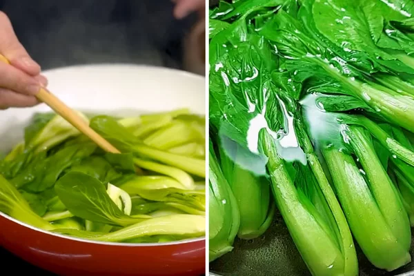 Chần qua nước sôi và ngâm cải vào nước lạnh