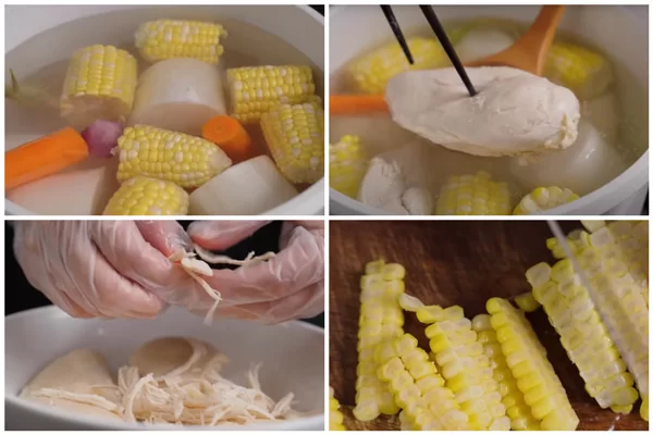 Luộc gà để làm món súp gà nấm