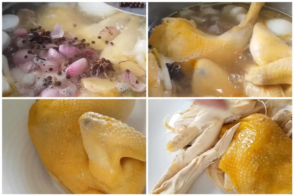 Luộc gà và xé gà thành sợi dài vừa ăn