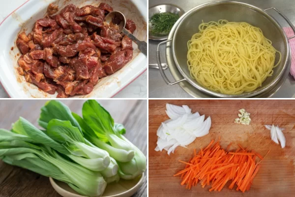 Một số nguyên liệu để làm món mì xào bò