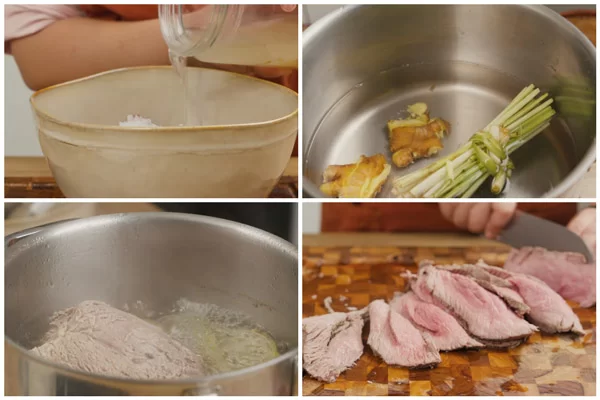 Luộc thịt với gừng, sả để tăng hương vị