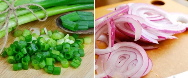 Hành lá và hành tím rửa sạch cắt như ảnh minh họa