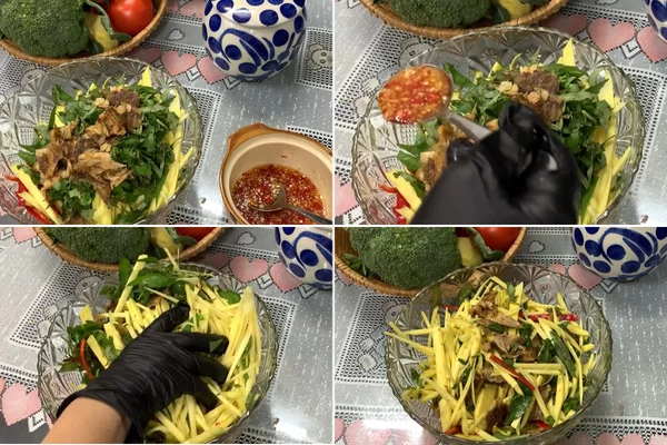 Trộn nhẹ và đều tay để tránh xoài bị dập và ra nước