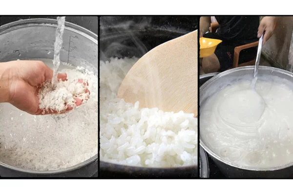 Vo gạo, nấu cơm với nước hầm xương và xay thật nhuyễn
