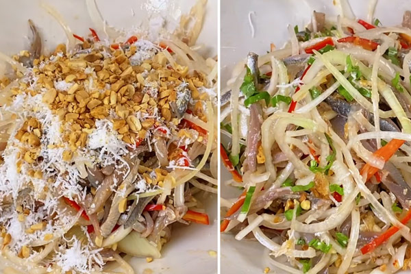 Trộn gỏi và các nguyên liệu thấm đều